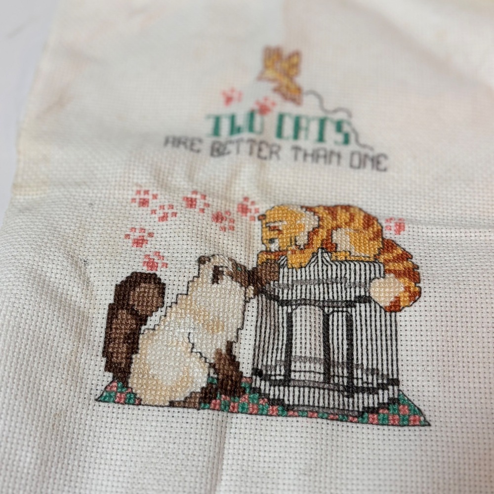 Vintage Handmade Cross Stitch Two Cats Are Better Than One Siamese Tabby Art